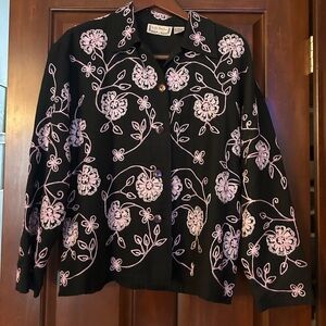 Vintage Silk Blend Embroidered Floral Jacket Black Pink Boho Size M